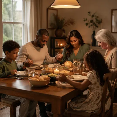 Multigenerational Family Holding Hands in Dinner Prayer