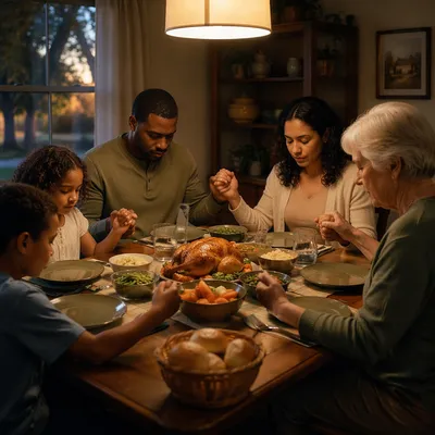 Multigenerational Christian Family Prayer at Dinner