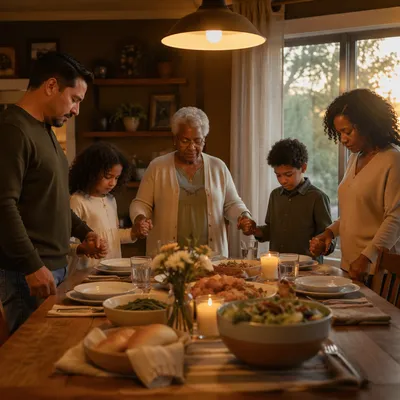 Multigenerational Christian Family Praying Before Dinner