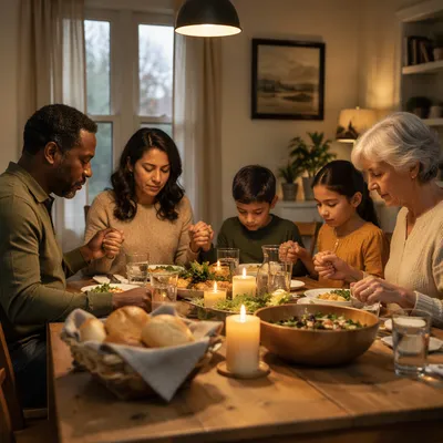 Christian Family Holding Hands in Dinner Prayer