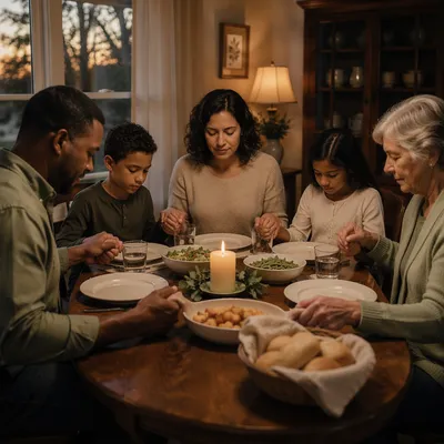 Family Holding Hands Before Dinner Prayer