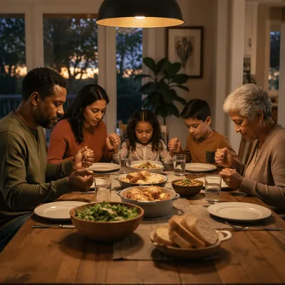 Family Holding Hands at Dinner Table
