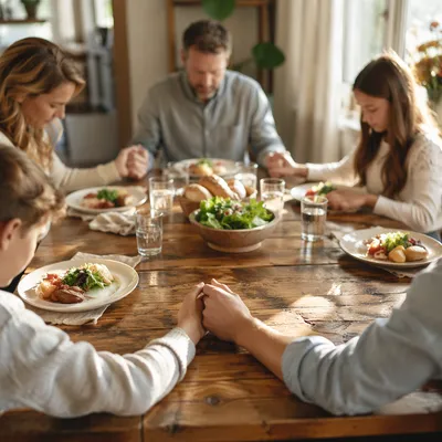 Christian Family Dinner Prayer Around Rustic Table