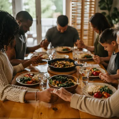 Christian Family Dinner Prayer Around Wooden Table