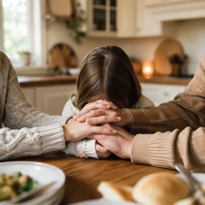 Family Hands Joined in Dinner Prayer