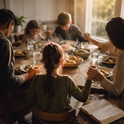 Christian Family Dinner Prayer Around Rustic Table