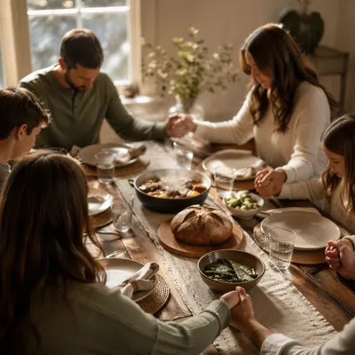 Christian Family Dinner Prayer Around Rustic Table