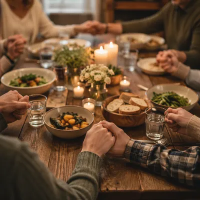 Christian Family Dinner Prayer Around Rustic Table