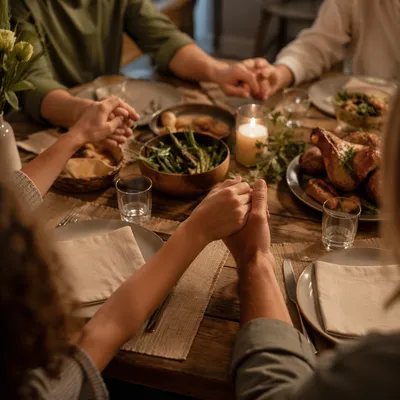 Christian Family Dinner Prayer Around Rustic Table
