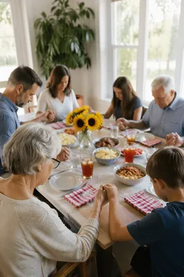 Christian Family Dinner Prayer in Sunlit Home