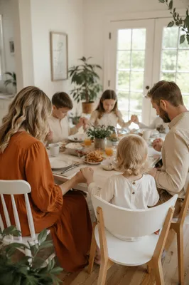 Christian Family Sharing a Warm Dinner Prayer