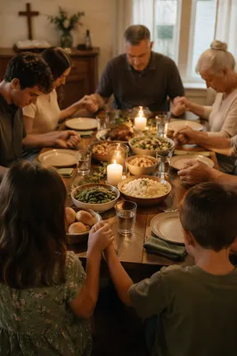 Christian Family Holding Hands at Dinner Prayer