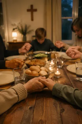 Christian Family Dinner Prayer Around Rustic Table