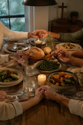 Christian Family Holding Hands in Dinner Prayer
