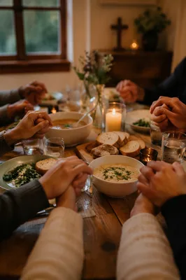 Christian Family Dinner Prayer Around Wooden Table