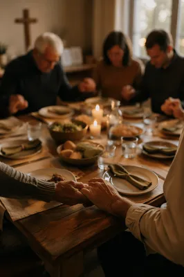 Christian Family Dinner Prayer Around Rustic Table