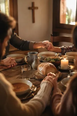 Christian Family Dinner Prayer Around Rustic Table