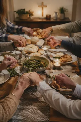 Christian Family Holding Hands at Dinner Prayer