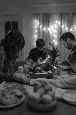 Christian Family Dinner Prayer in Grayscale