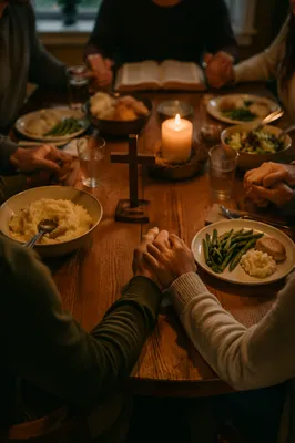 Christian Family Dinner Prayer Around Rustic Table