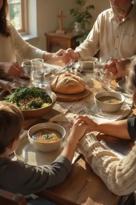 Christian Family Dinner Prayer Around Rustic Table