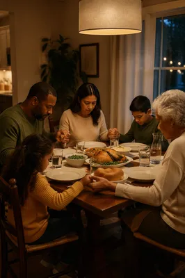 Christian Family Holding Hands in Dinner Prayer