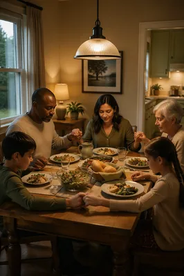 Multigenerational Family Holding Hands in Dinner Prayer
