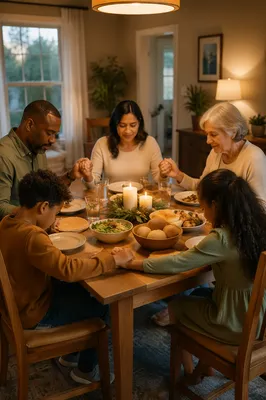 Christian Family Holding Hands in Dinner Prayer