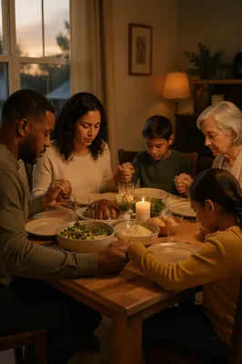 Family Holding Hands at Dinner Prayer