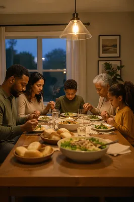 Multigenerational Family Praying Before Dinner