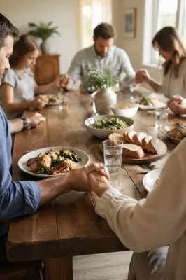 Christian Family Dinner Prayer at Rustic Table