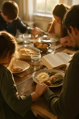 Christian Family Dinner Prayer Around Rustic Table