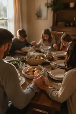 Christian Family Dinner Prayer in Warm Light