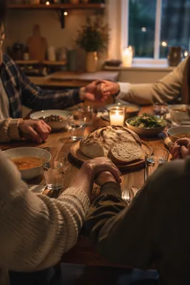 Christian Family Dinner Prayer Around Rustic Table