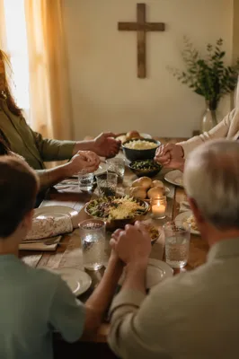Christian Family Dinner Prayer Around Rustic Table