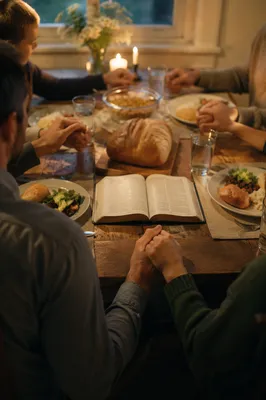 Christian Family Dinner Prayer Around Wooden Table