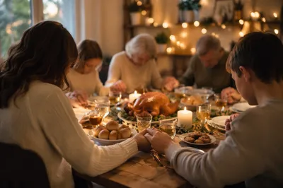 Christian Family Dinner Prayer Around Wooden Table