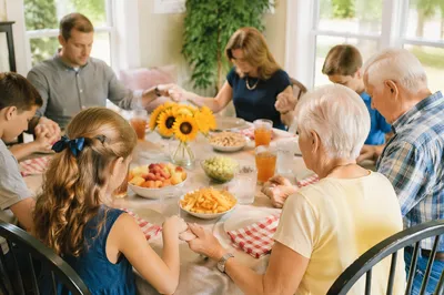 Christian Family Dinner Prayer at Sunlit Table