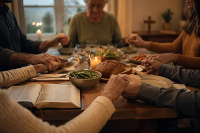 Christian Family Holding Hands in Dinner Prayer