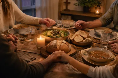 Christian Family Dinner Prayer Around Rustic Table