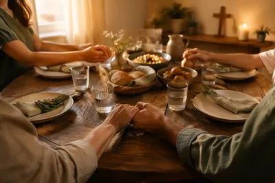 Christian Family Dinner Prayer Around Rustic Table