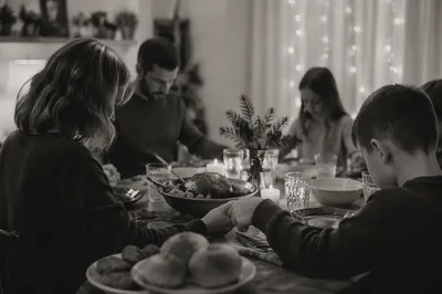 Christian Family Dinner Prayer in Grayscale