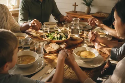 Christian Family Dinner Prayer Around Rustic Table