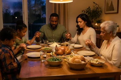 Family Holding Hands in Dinner Prayer