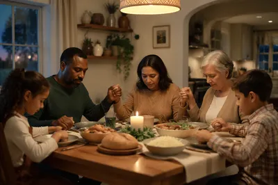 Multigenerational Family Praying Before Dinner Together