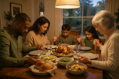 Family Holding Hands in Dinner Prayer