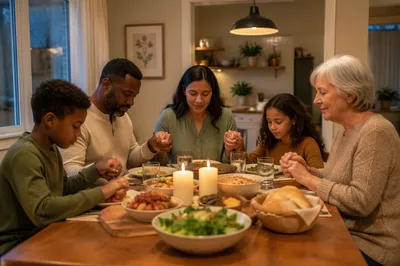 Family Holding Hands Before Dinner Prayer