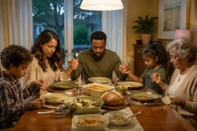 Multigenerational Family Praying Before Dinner Together