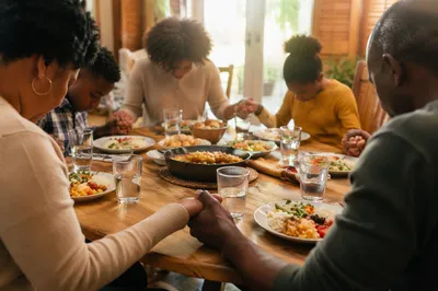 Christian Family Dinner Prayer Around Wooden Table