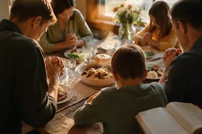 Christian Family Dinner Prayer Around Rustic Table